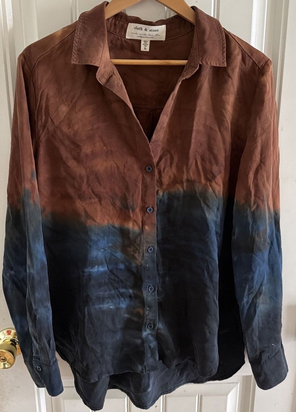 Anthropologie Women’s Brown Blue Ombre Long Sleeve Button-Up Shirt XL